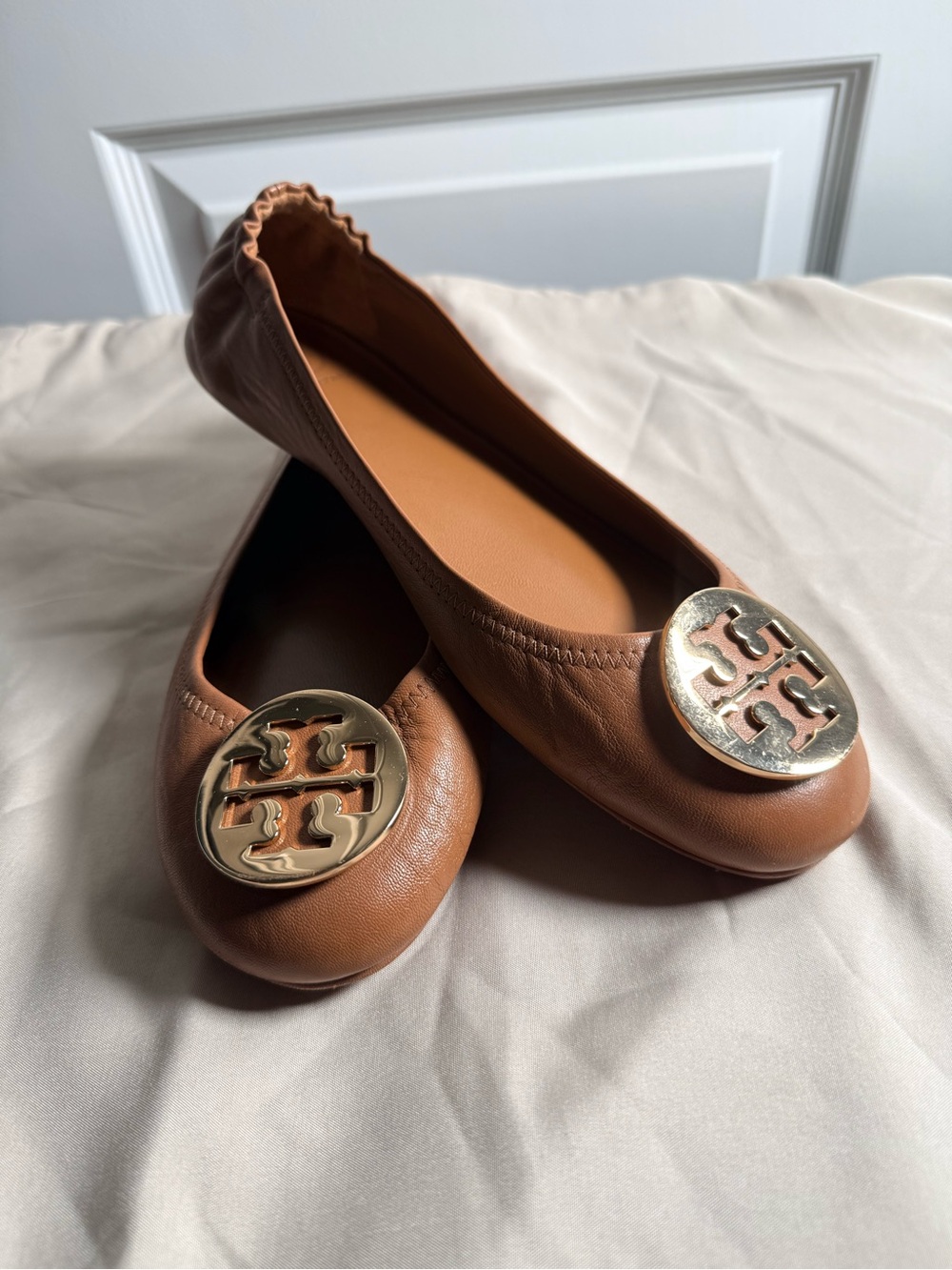 Tory Burch Tan Leather Logo Ballet Flats with Gold Emblem